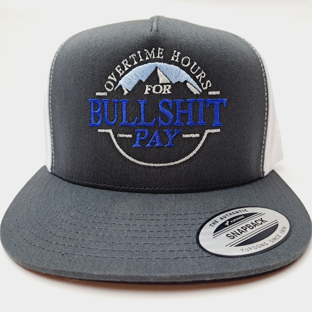 Overtime Hours Flat Bill Trucker Mesh Snapback White & Gray